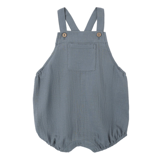 Blue overalls bubble with faux wooden buttons at straps