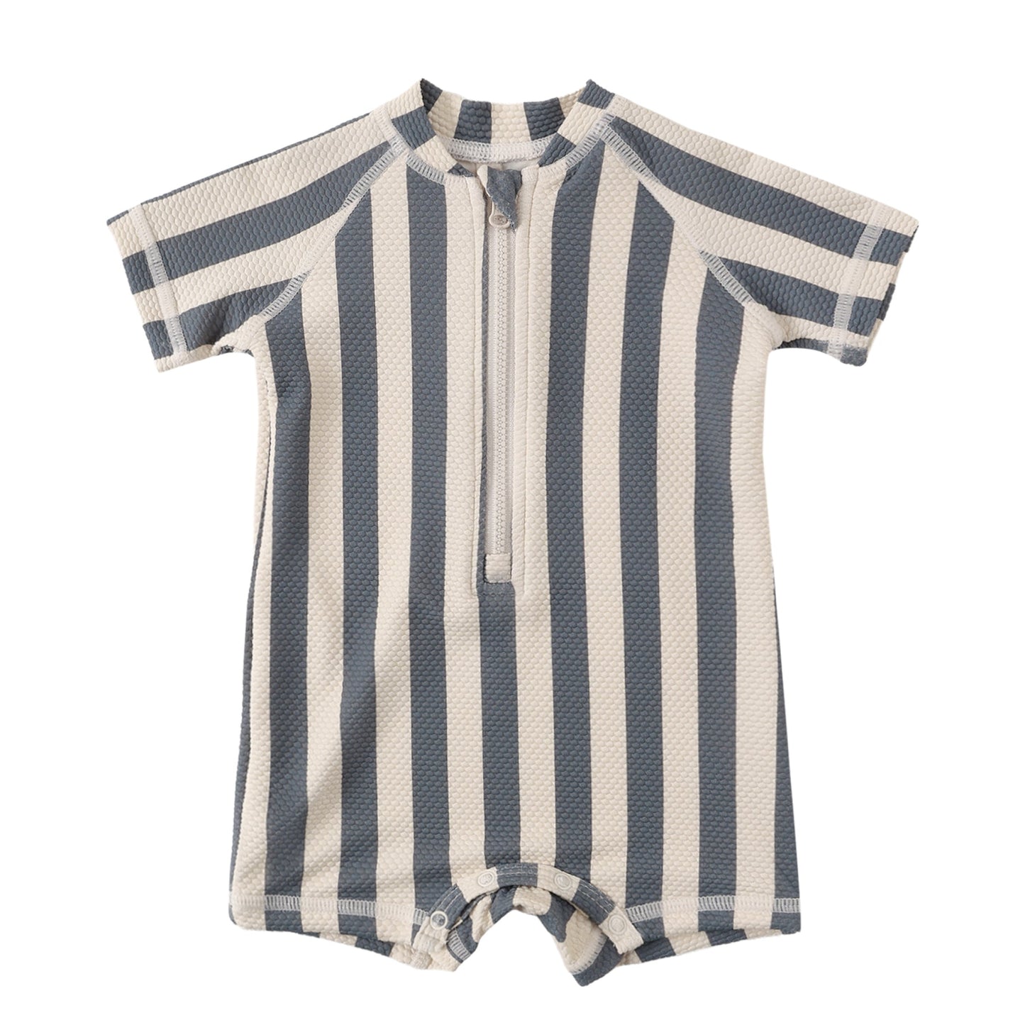 Navy Striped baby romper with short sleeves and zipper