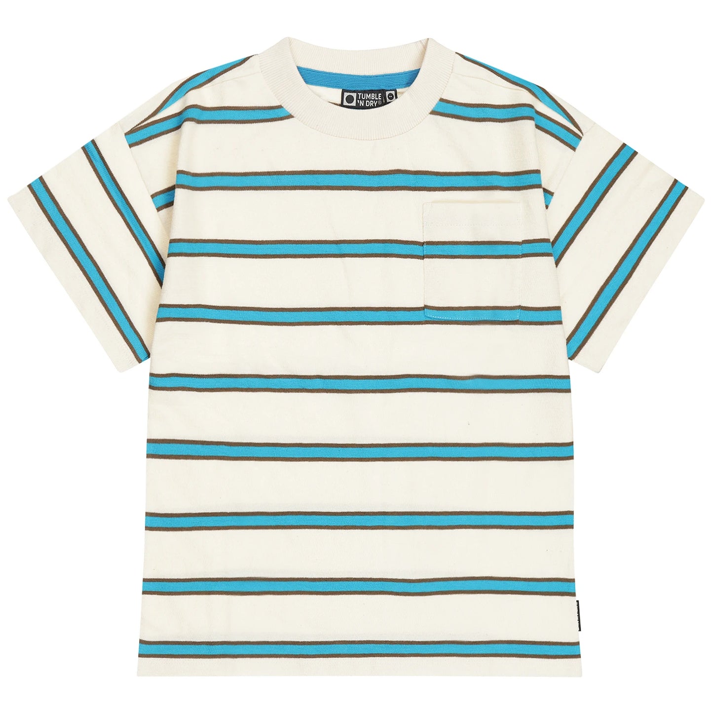 Aqua and Brown stripe tee on creamy white background