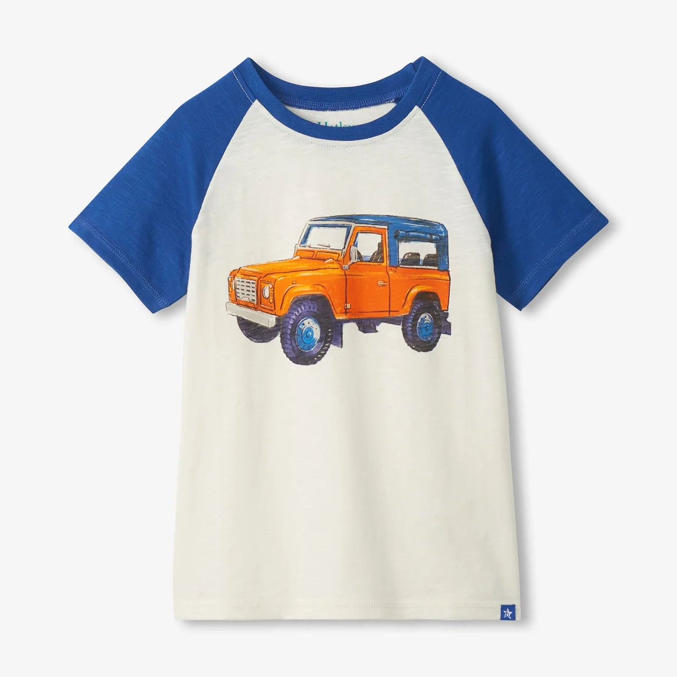 Children's t-shirt with an orange truck graphic and blue raglan sleeves