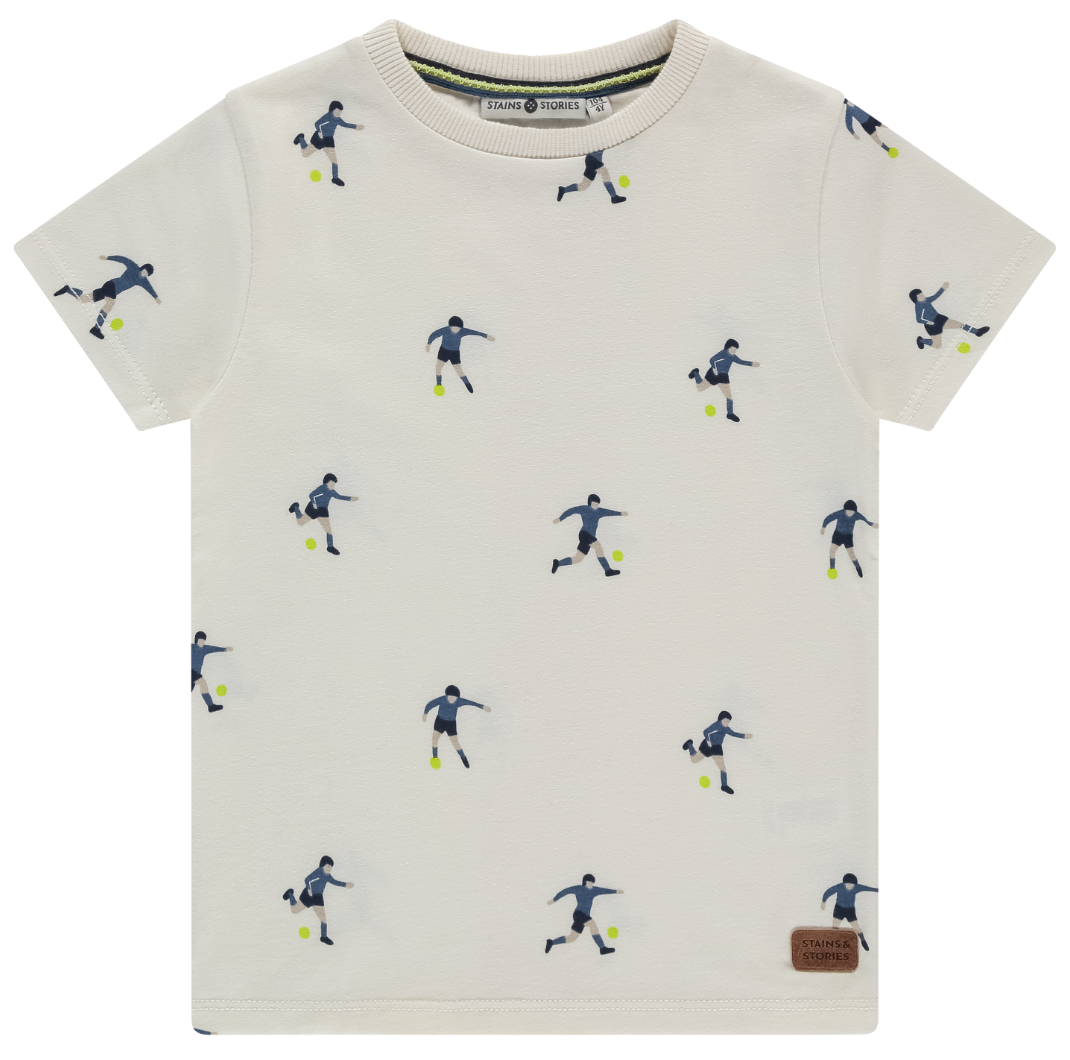 Children's t-shirt with soccer player pattern on a white background