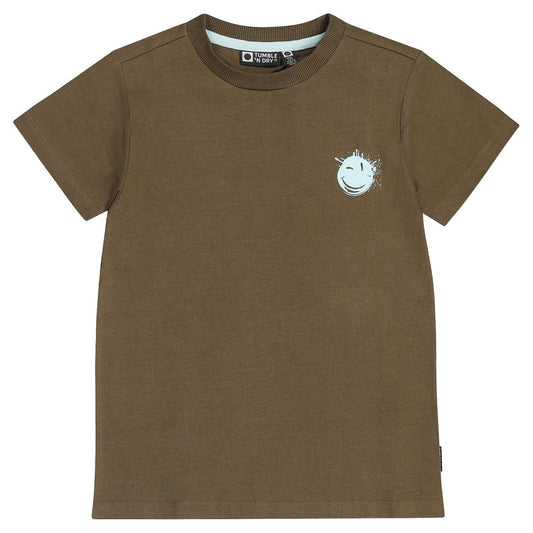 Olive green tee shirt with face splat on front