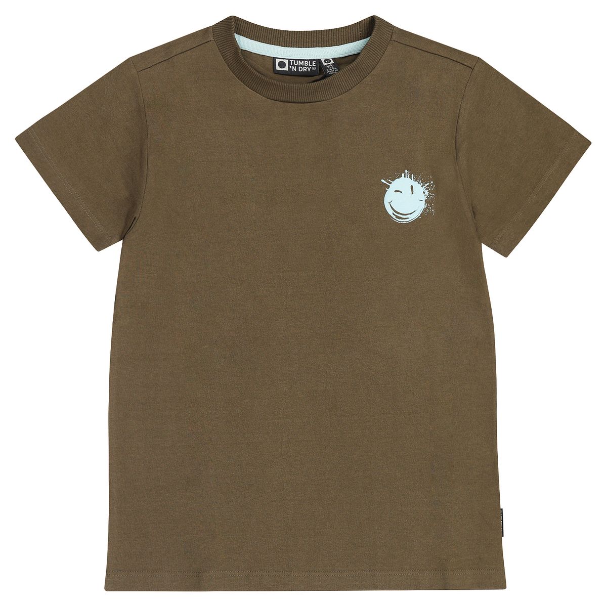 Olive green tee shirt with face splat on front