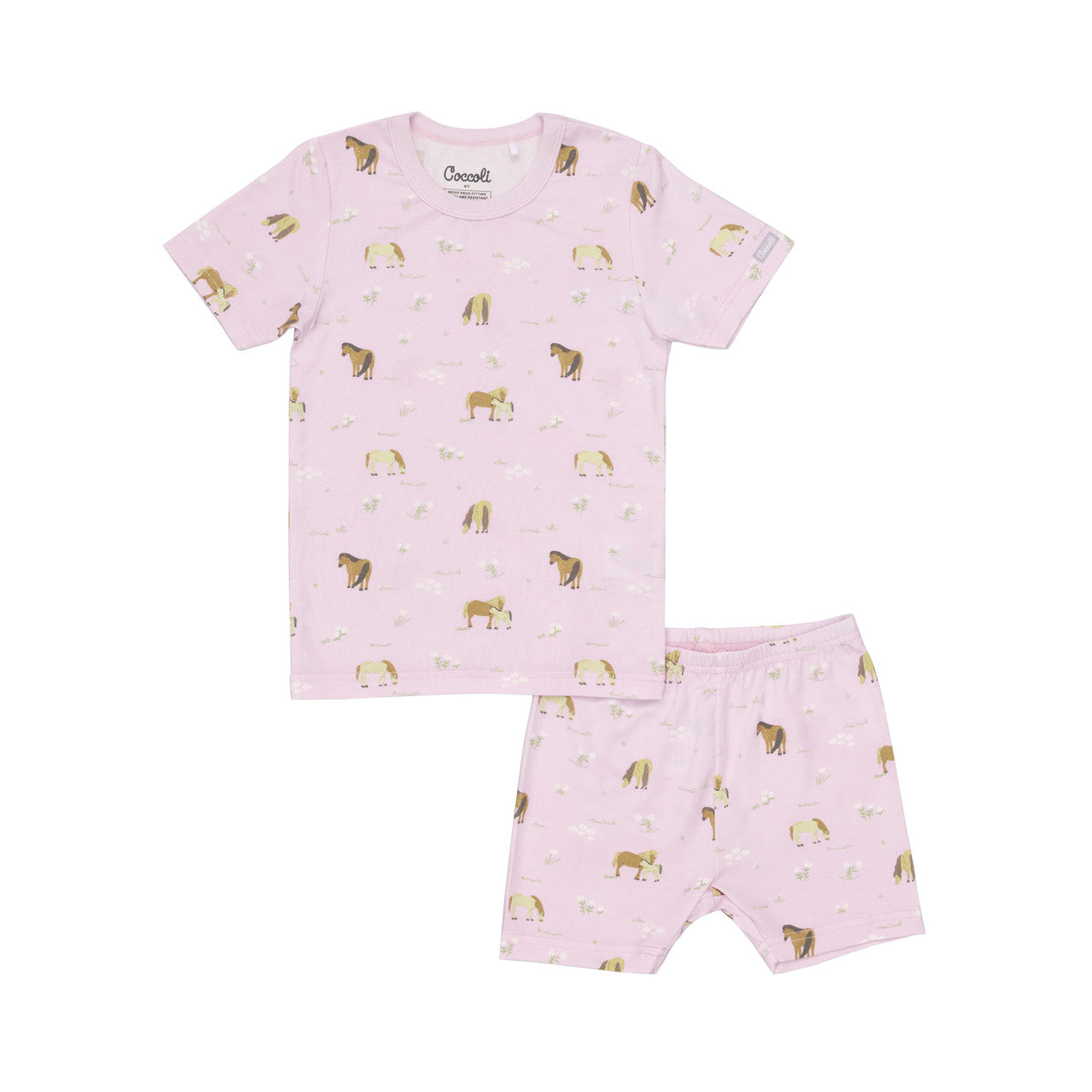 Orchid Pink pajama set with horse pattern on a white background