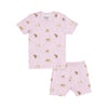 Orchid Pink pajama set with horse pattern on a white background