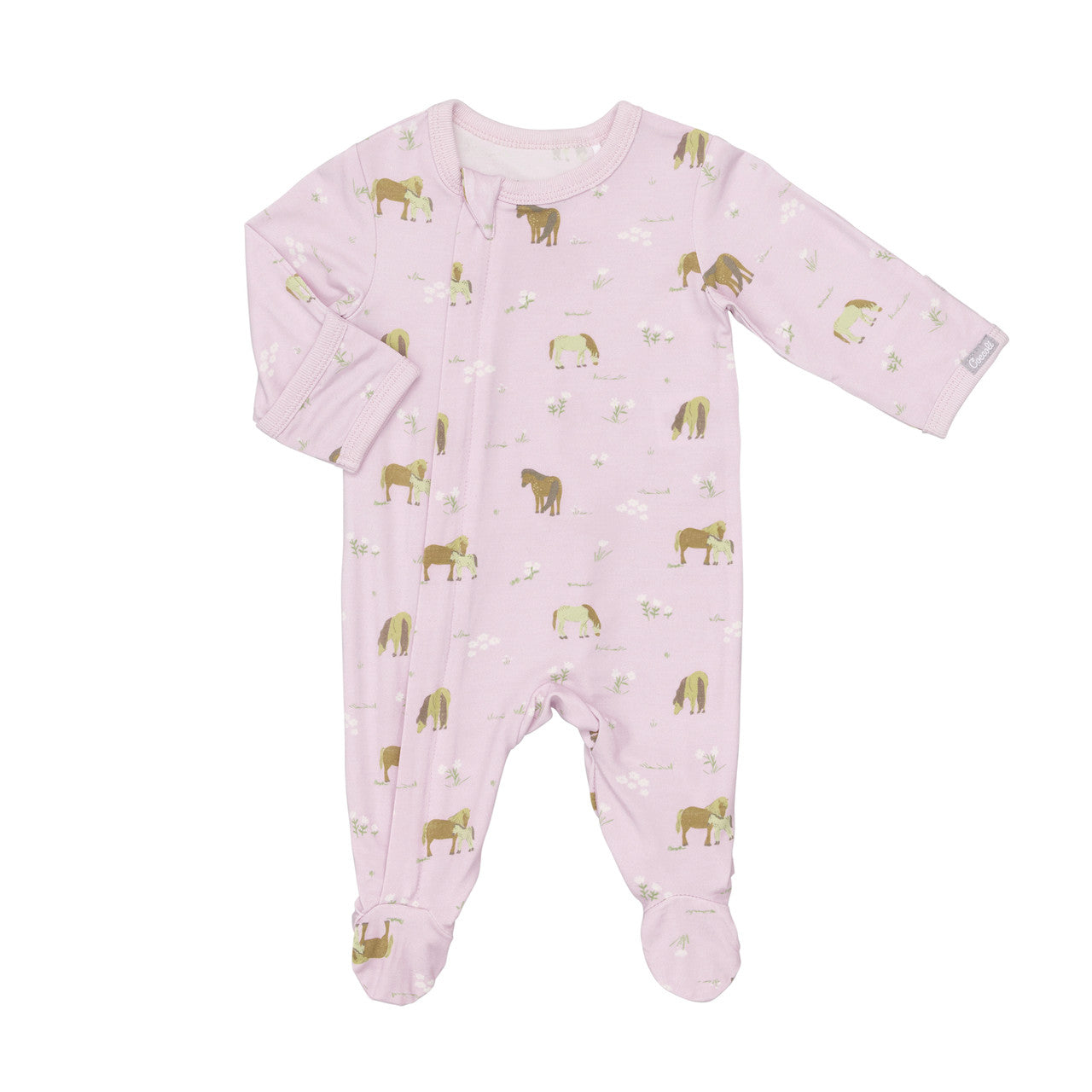 Pink baby footie with gold horse patterns on a white background