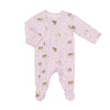 Pink baby footie with gold horse patterns on a white background