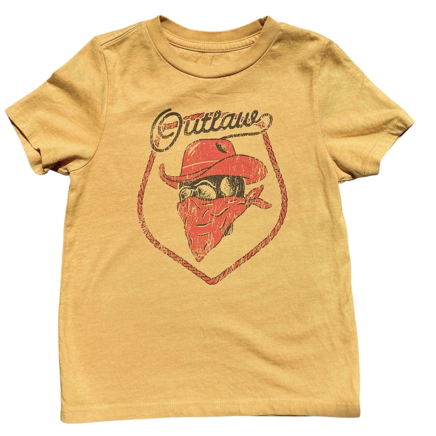 Yellow t-shirt with a graphic of a cowboy wearing a red bandana and a red hat, with the word 'Outlaw' above it 