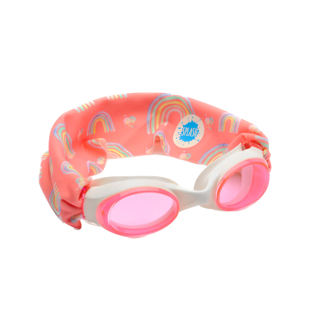 Pink swim goggles with rainbow pattern 