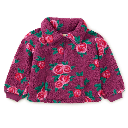 Purple fleece jacket with floral pattern on a white background