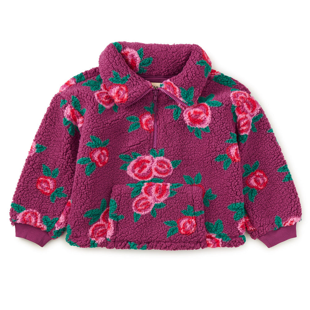 Purple fleece jacket with floral pattern on a white background