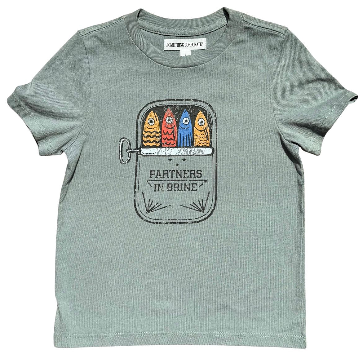 Greenish Gray t-shirt with a graphic of three fish in a can labeled 'Partners in Brine'