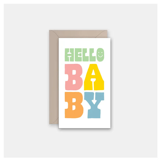 Greeting card with 'Hello Baby' text in colorful letters on a white background