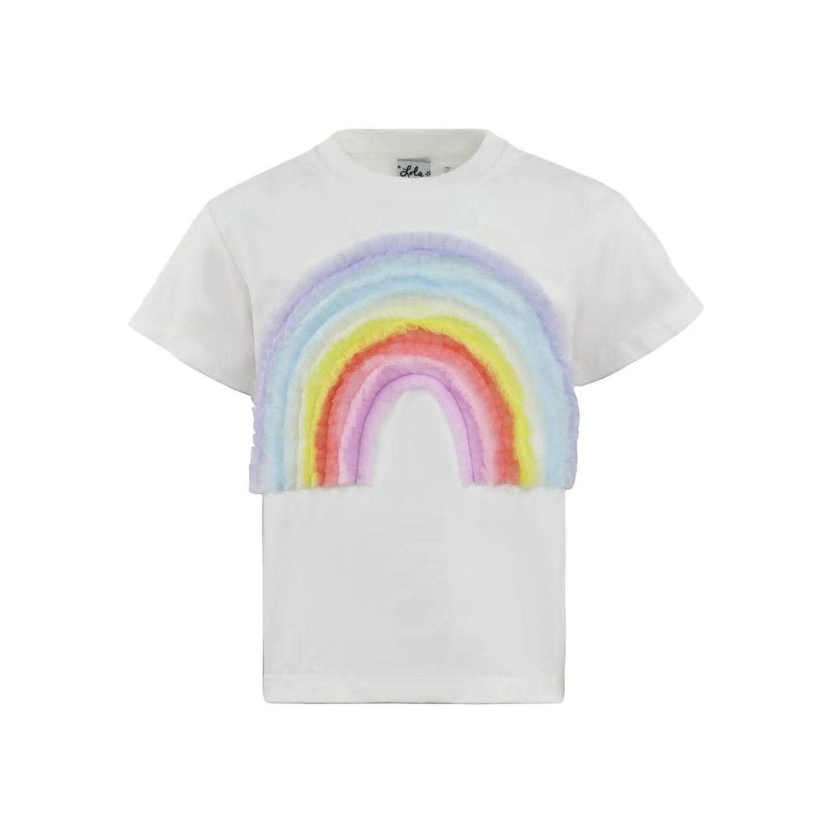 Soft white tee featuring a dreamy pastel rainbow appliqué across the front.