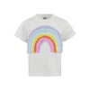 Soft white tee featuring a dreamy pastel rainbow appliqué across the front.