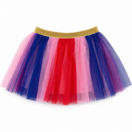 Colorful pink, blue, and red tutu skirt with gold waistband on a white background