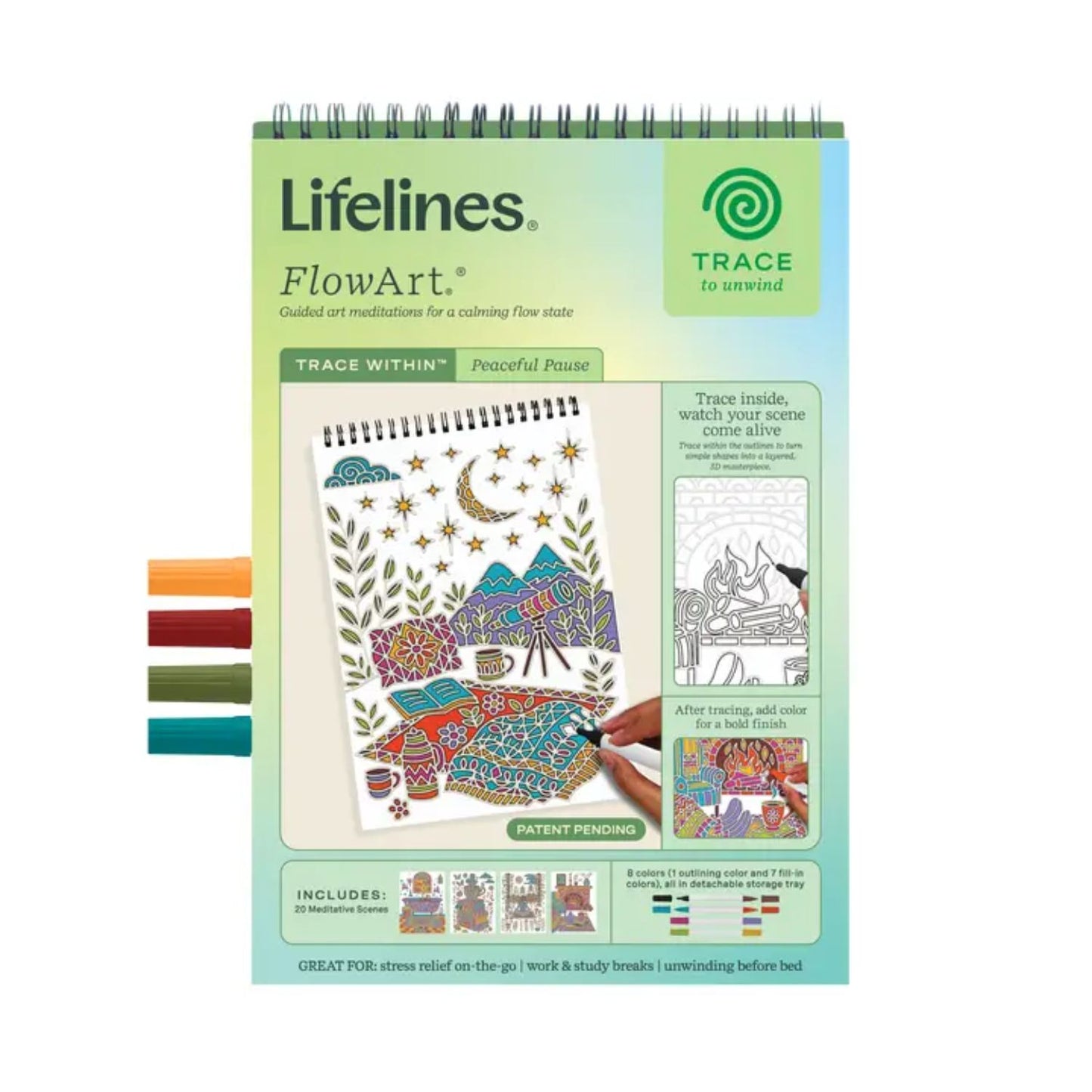 Calming trace-and-color pad with layered 3-D effects