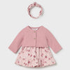 three piece set with pink dress, pink cardigan and peach print headband