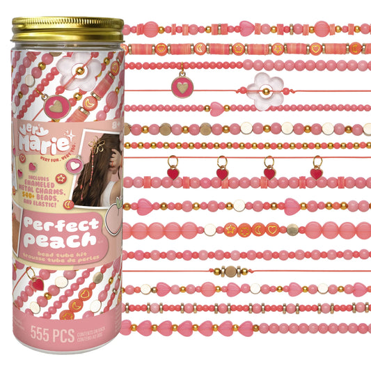 Jar of beadwith a pink and gold design 