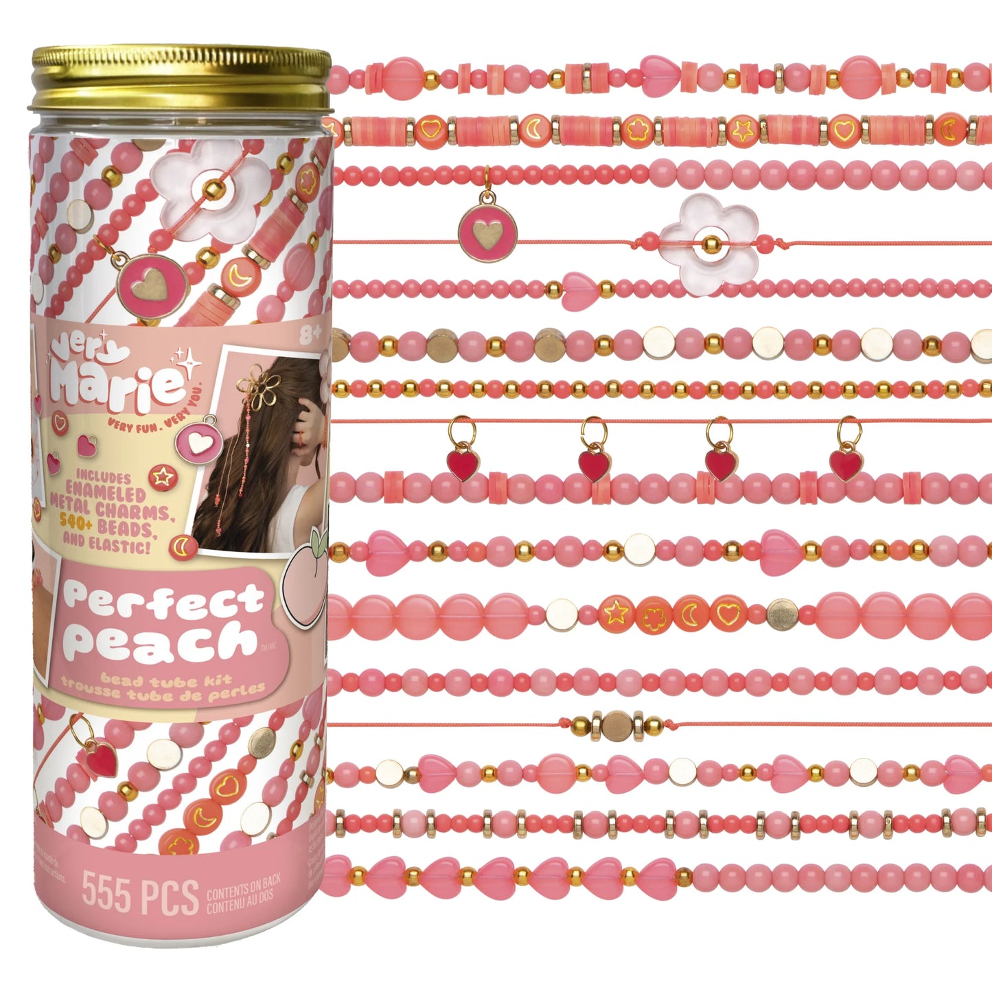 Jar of beadwith a pink and gold design 