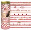 Jar of beadwith a pink and gold design 