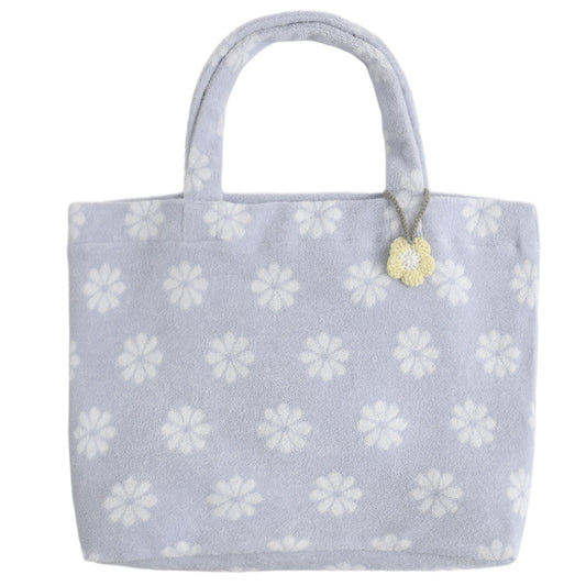 Periwinkle terry tote bag with white daisy pattern