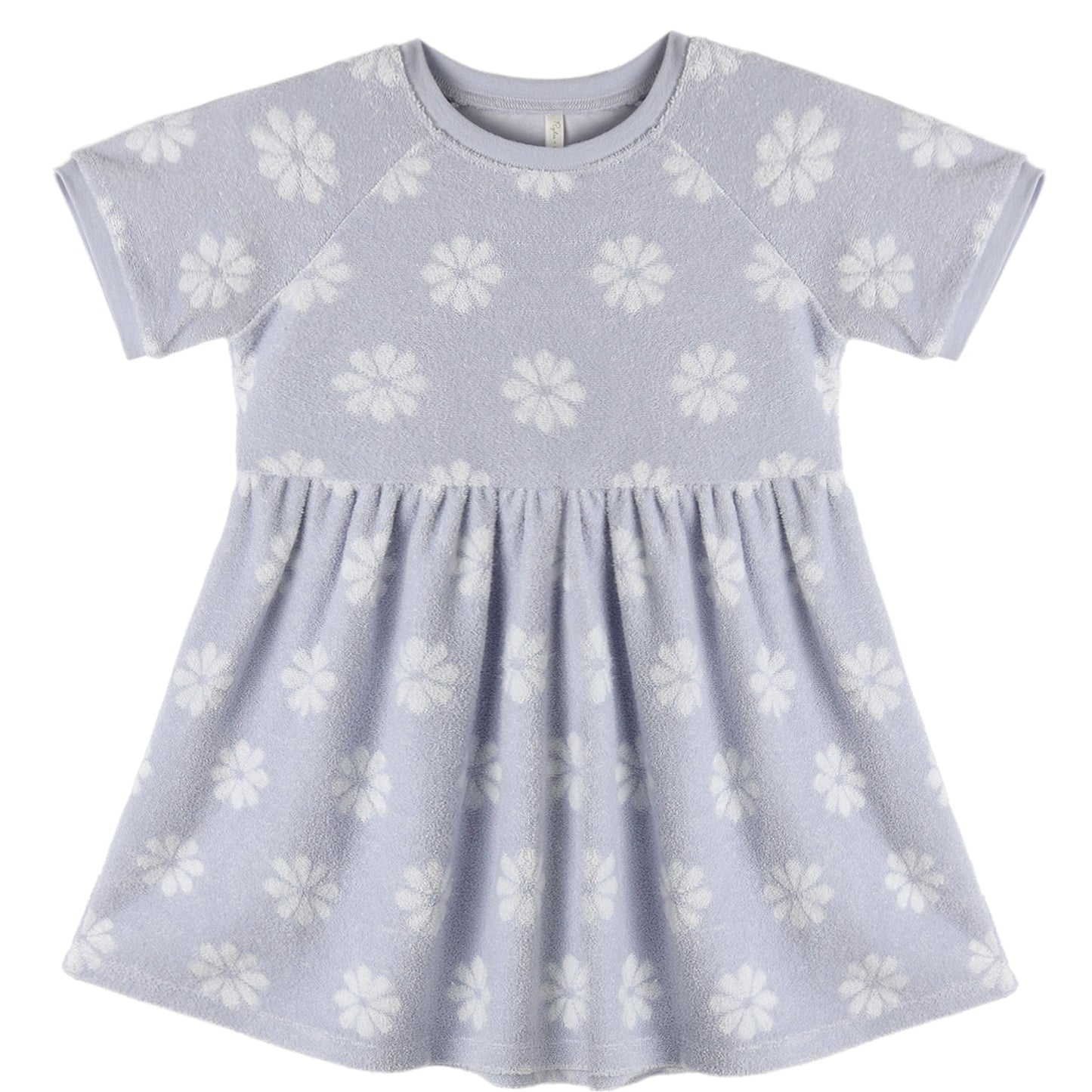 Periwinkle blue terry cloth dress with daisy floral pattern 