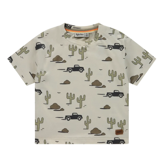 Baby t-shirt with desert-themed design featuring cacti and trucks 