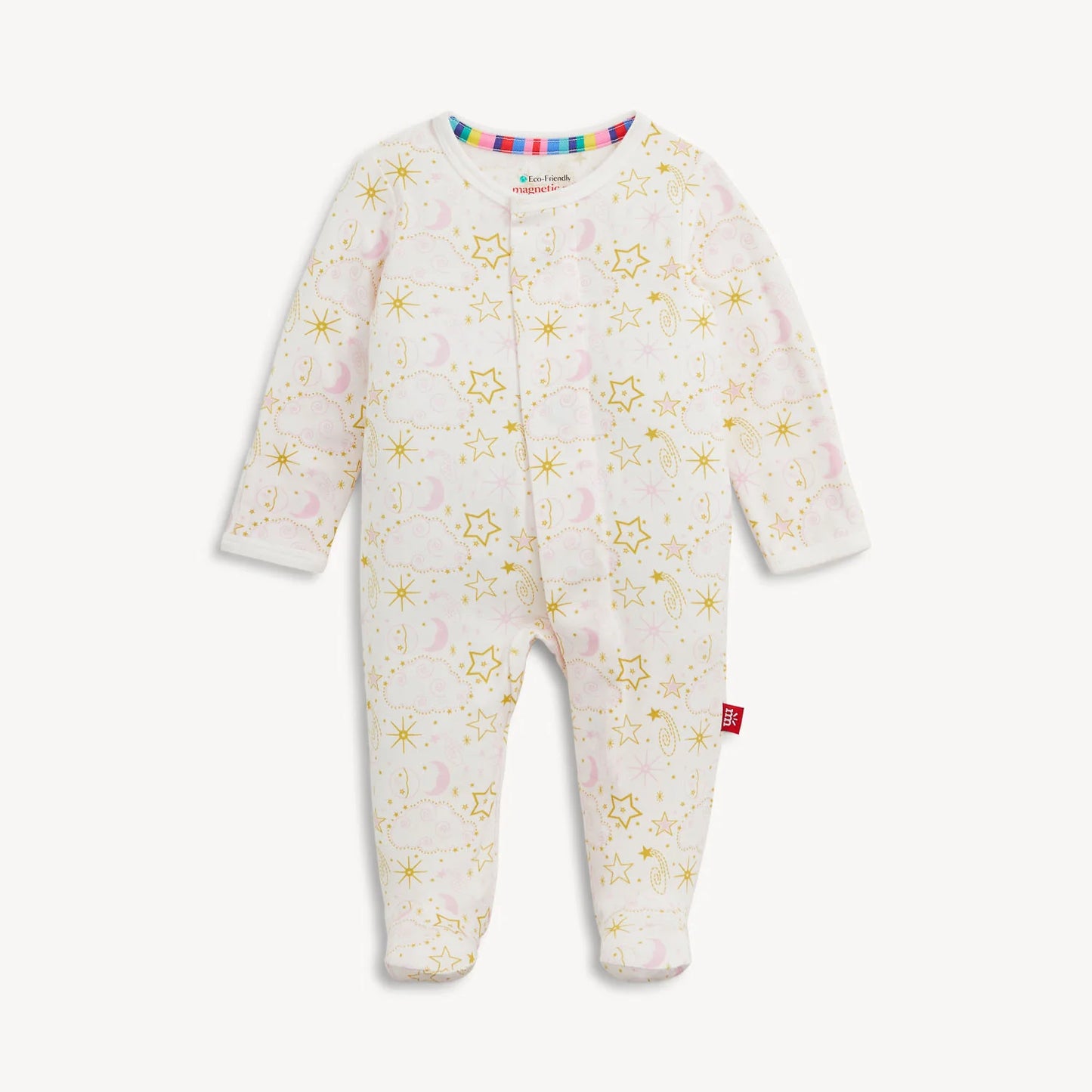 A baby footed sleeper featuring a white base with a gold star and moon pattern and a soft pink cloud motif.