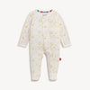 A baby footed sleeper featuring a white base with a gold star and moon pattern and a soft pink cloud motif.