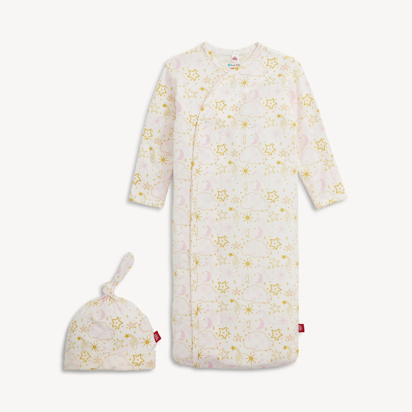 Pink and white baby gown and hat with yellow star pattern and matching hat.