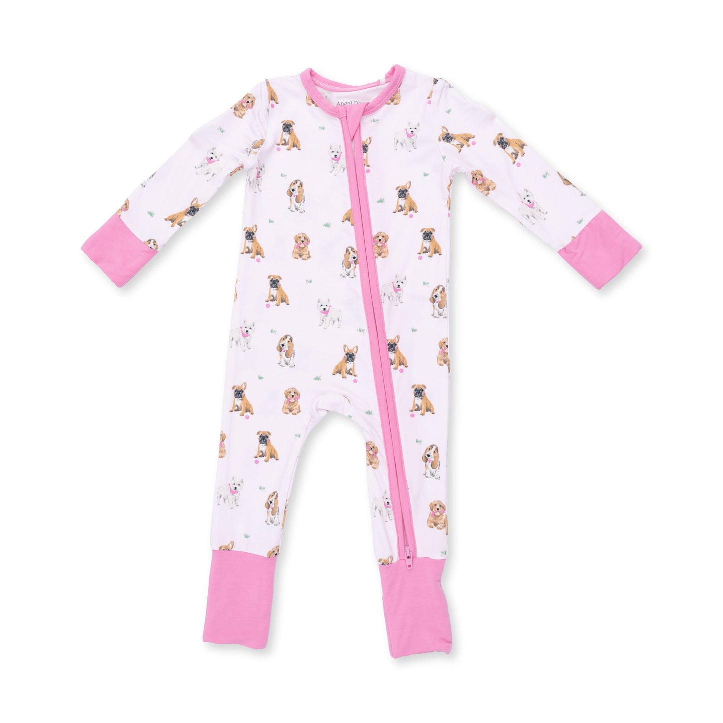 Angel Dear Besties Dogs Flip Romper, pink dog print, front view flat lay