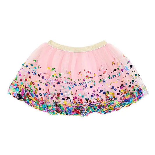 Pink tutu skirt with colorful sequins on a white background