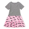 Two-tone dress with striped bodice and pink skirt with dog pattern on a white background