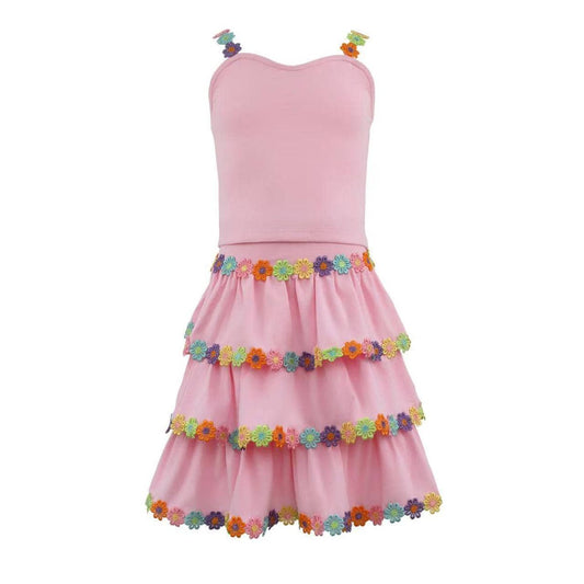 Pink strap dress with floral embroidered frill