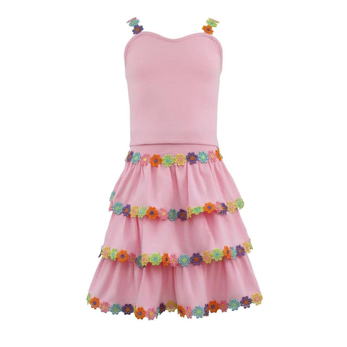 Pink strap dress with floral embroidered frill