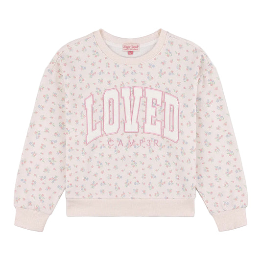 Pink sweatshirt with floral patterns and 'LOVED' text on a white background
