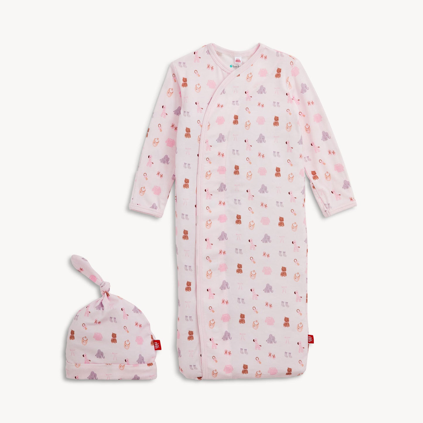 Pink baby girl print magnetic closure gown with matching top knot hat