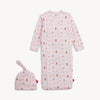 Pink baby girl print magnetic closure gown with matching top knot hat