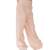 Pink sweatpants with 'Happy Camper' text on a light gray background