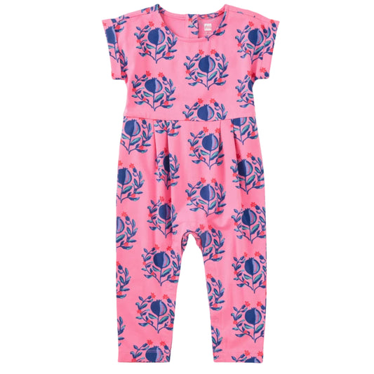 Pink romper with blue pomegranate pattern
