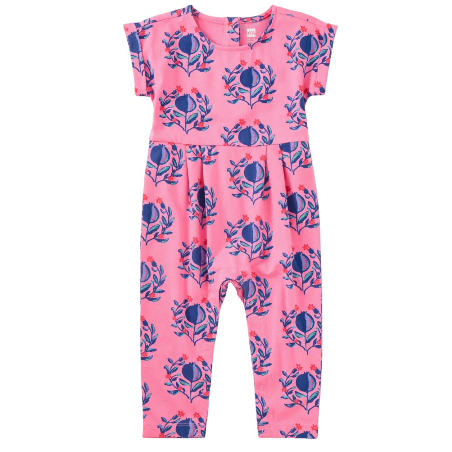 Pink romper with blue pomegranate pattern