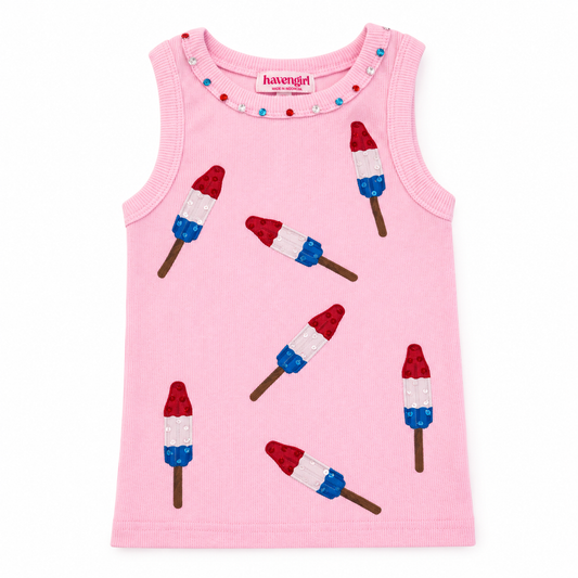 Pink tank top with red, white, and blue popsicle patterns on a white background