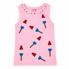Pink tank top with red, white, and blue popsicle patterns on a white background