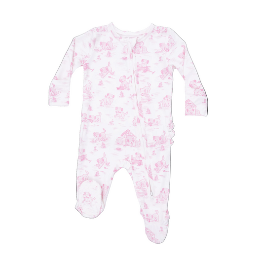 Baby zip footie with pink dog theme print