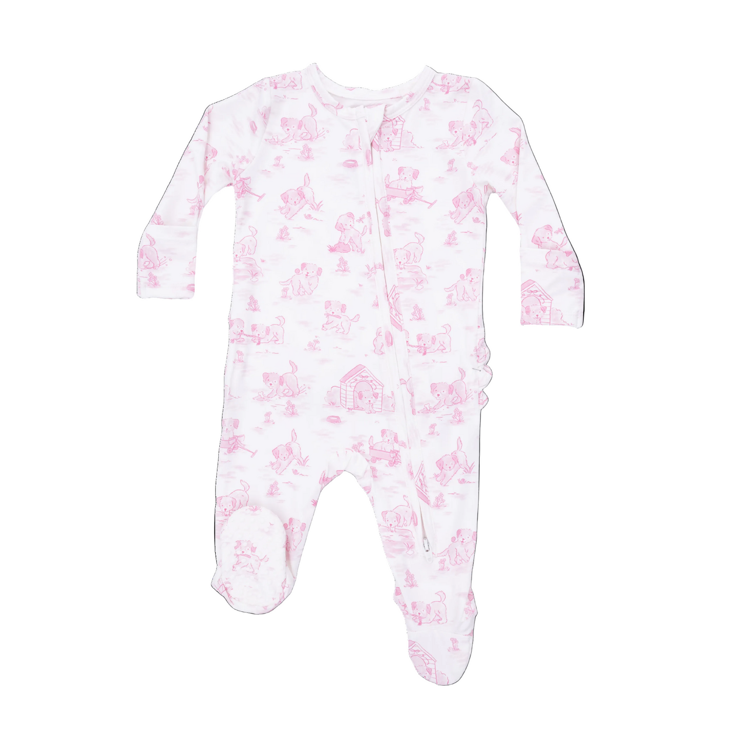 Baby zip footie with pink dog theme print