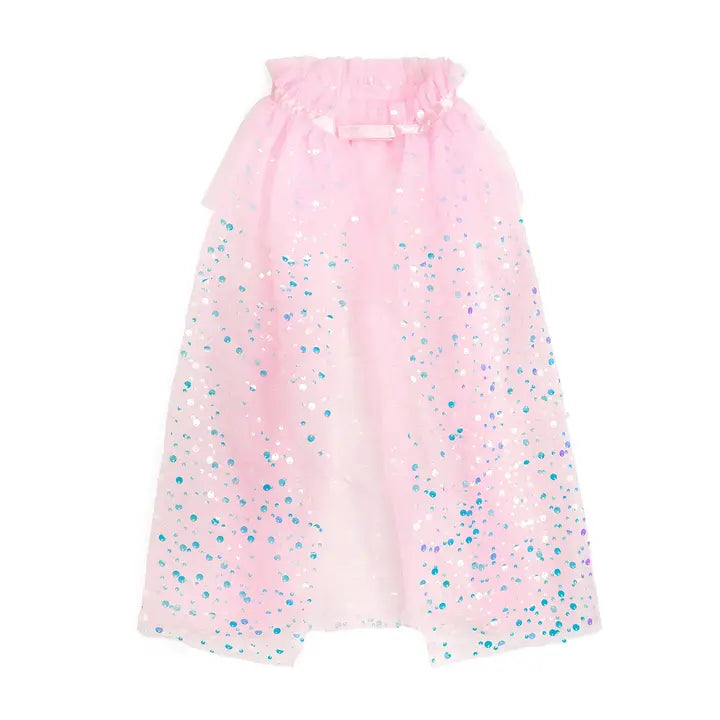A pink tulle cape with iridescent blue and silver sequins scattered across the lower half, featuring a ruffled neckline.