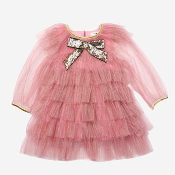 Pink tiered dress with a large bow on a white background