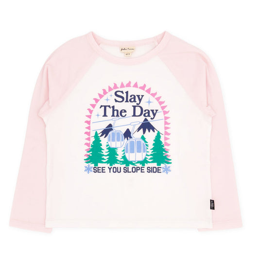 Pink long-sleeve shirt with 'Slay the Day' graphic on a white background