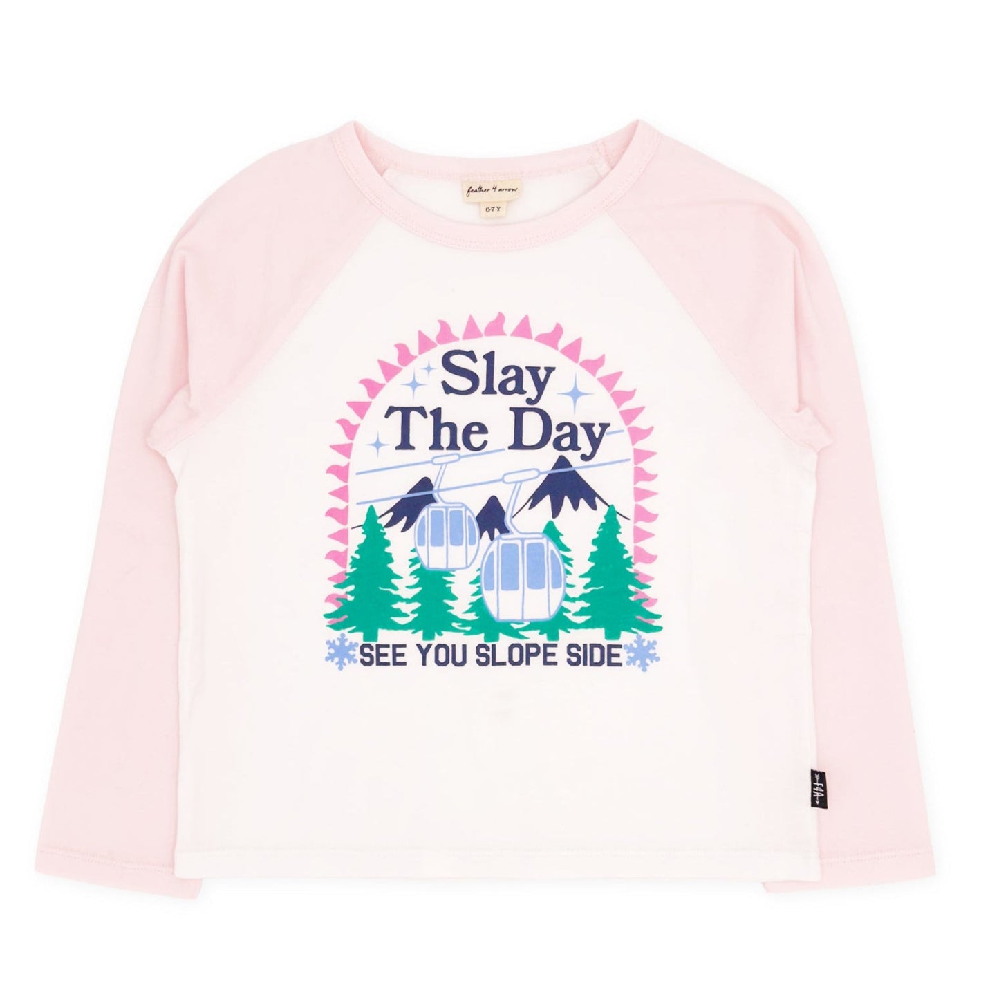 Pink long-sleeve shirt with 'Slay the Day' graphic on a white background